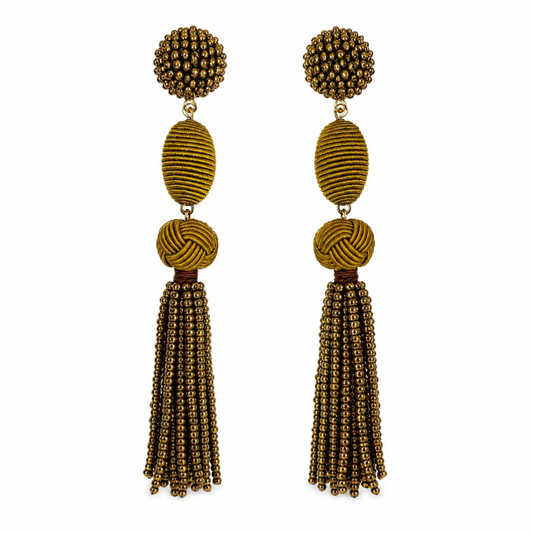 Olive Woven Ball Tassel Earrings