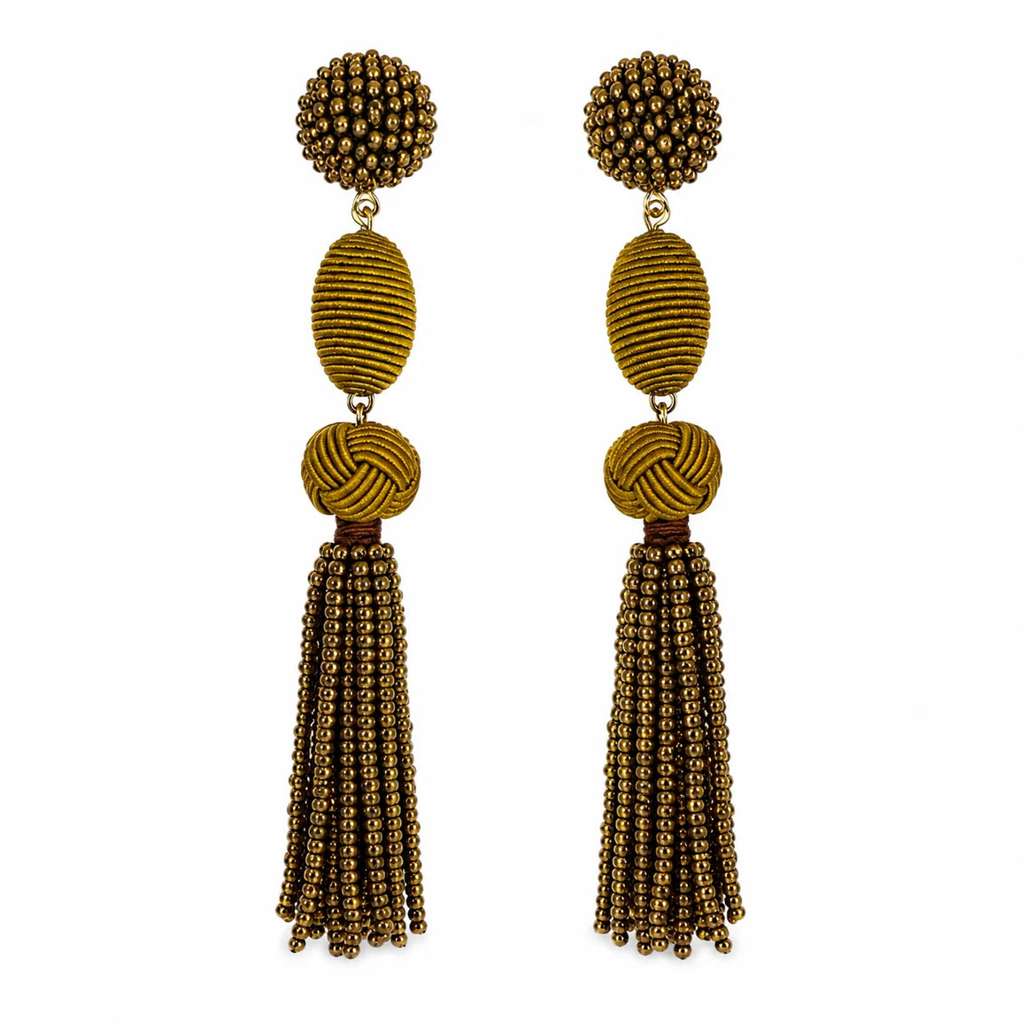 Olive Woven Ball Tassel Earrings