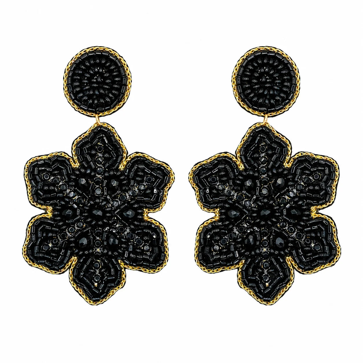 Black Beaded Flower Drop Earrings